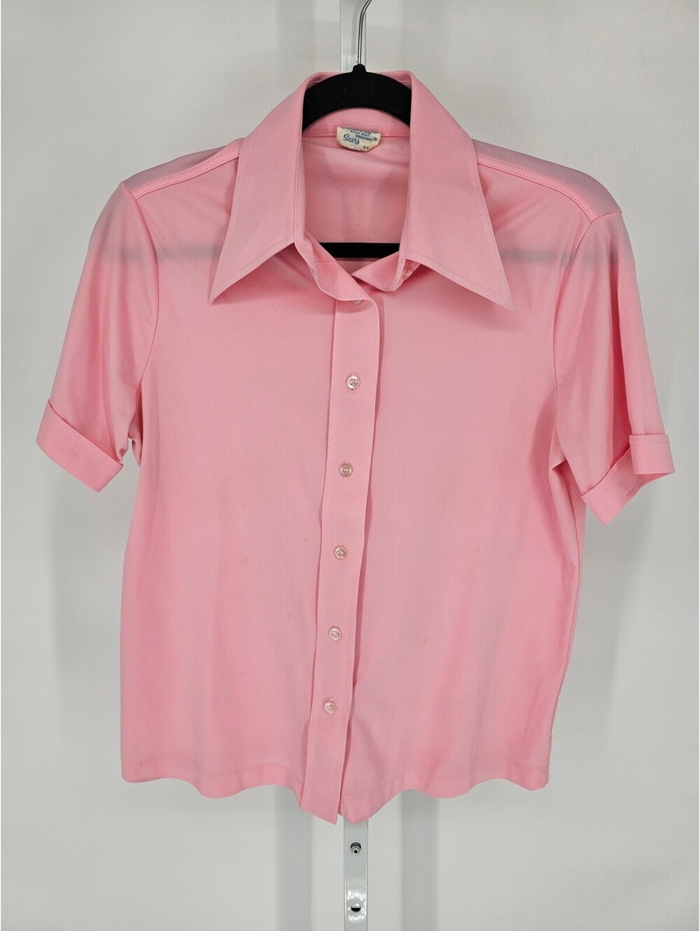 Vtg 1970s Sears Womens Sz 18 Short Sleeve Button Up Blouse Bubblegum Pink